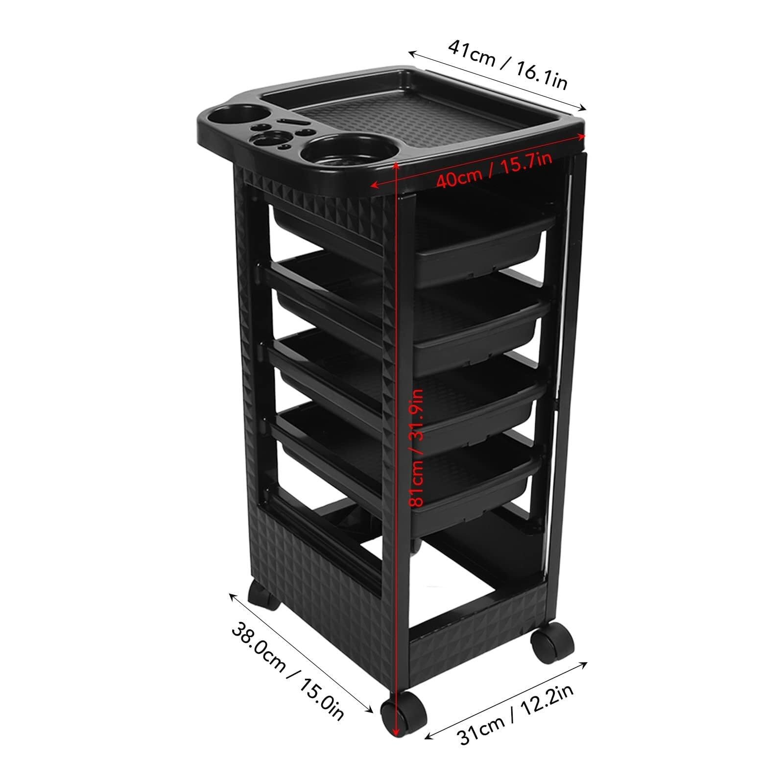 Carrito de peluquería con ruedas de 5 niveles Salón Trolley Plástico con Ruedas Rotación de 360 Grados PP Beauty Salon Cart para Peluquería