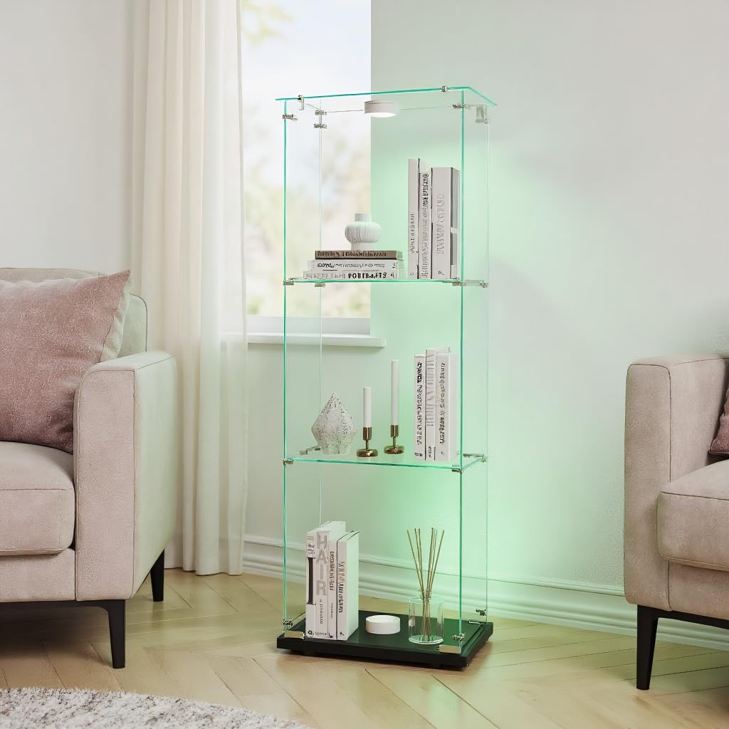 Vitrina de cristal con luces LED moderna, armario de 3 estantes y puerta, pared para colección, dormitorio, salón y comedor, 123 x 40 x 35 cm, color negro