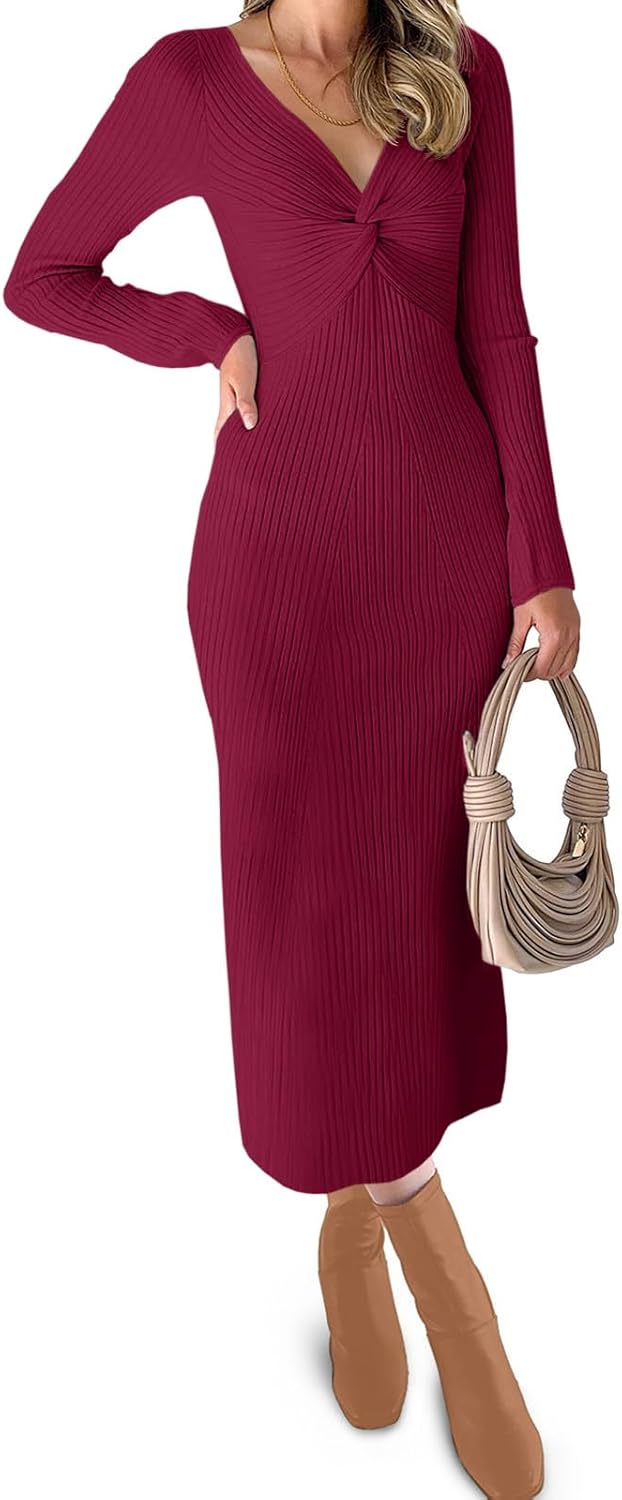 RAISECOM Womens Ribbed Knit Maxi Dresses Long Sleeve V Neck Casual Sweater Dress Bodycon Midi Dress