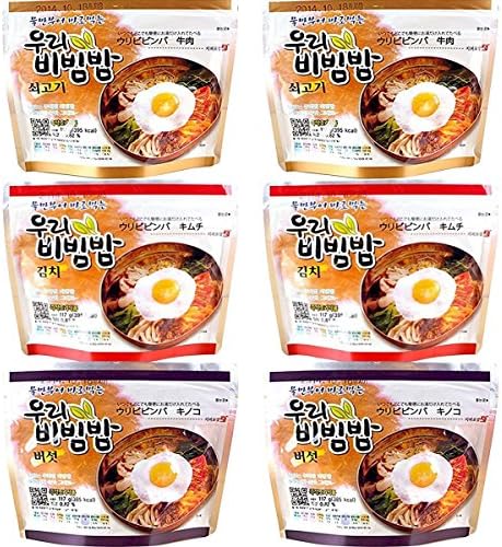 MRE Meals Woori's Ready to Eat BEEF / KIMCHI / MUSHROOM Bibimbap Korean Mixed Rice Bowl 100g (3.53oz) 335 Kcal Instant Rice Emergency Rice Food (BEEF / KIMCHI / MUSHROOM, TOTAL 6 PACK (EACH 2 PACK))