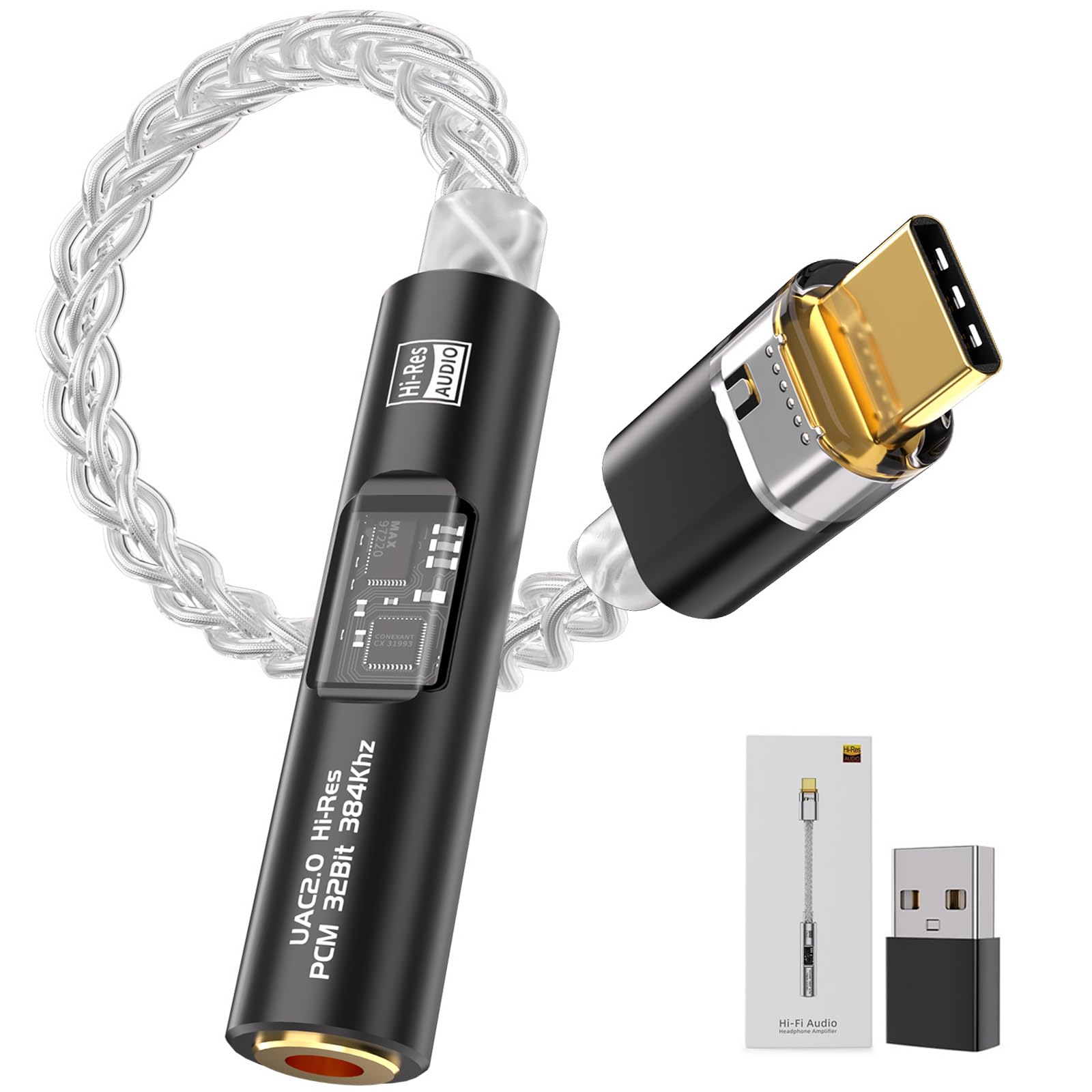 ZVGMOOE Adaptador de audio USB-C a 3.5 mm, doble chip CX31993 y MAX97220 DAC con amplificador HiFi, cable chapado en plata 4N de 8 hebras, compatibilidad universal para Android/iPhone/PC/Mac (incluye