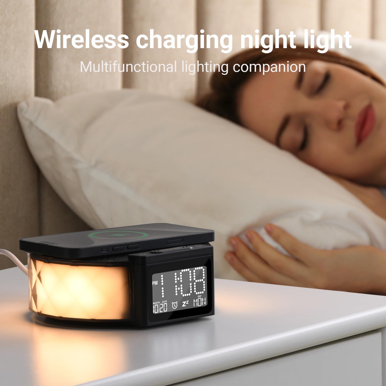 Nachttischlampe mit Ladefunktion RGB Dimmbar Touch Tischlampe Stimmungslicht 15W Wireless Charger Tageslichtwecker 3 Helligkeitsstufen Nachtlicht für Schlafzimmer Kinderzimmer Wohnzimmer Büro, Schwarz