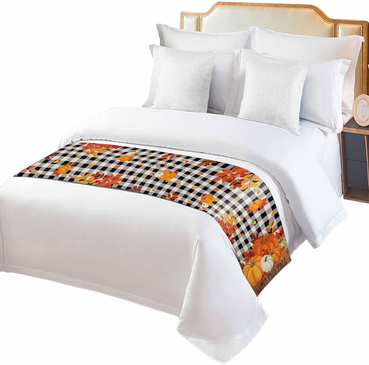 Thanksgiving Bed Runner Scarf Farmhouse Pumpkin Maple Leaves Black Plaid Bedding Scarf Decorative Bed Runners Cover for Home Bedroom Hotel Wedding Room Bed Scarf for Foot of Bed Queen 83x20in