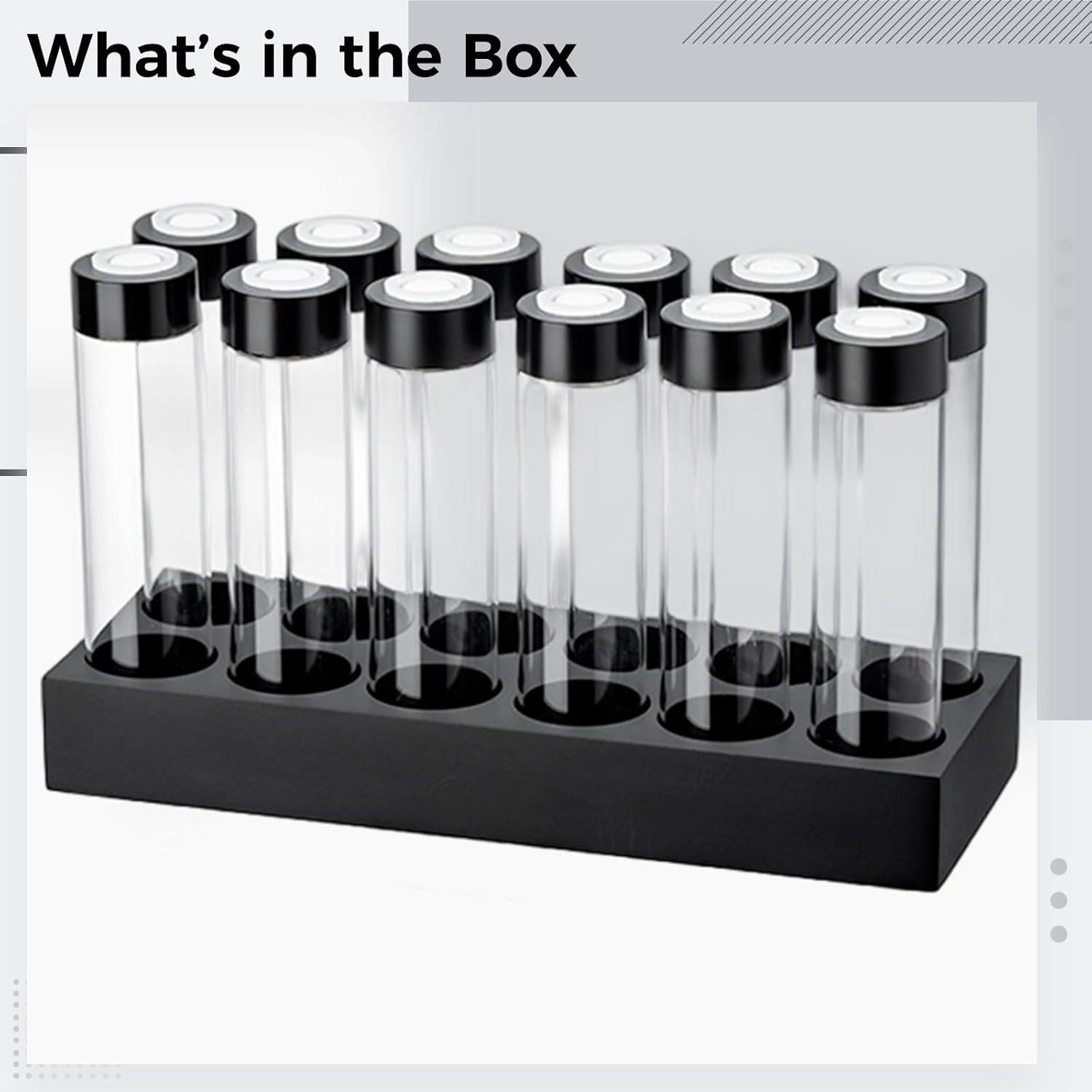 Set of 12, Coffee Bean Cellars with One-Way Exhaust Gate, Bean Storage Clear Glass Vaults, Includes Display Stand and Silicone Funnel