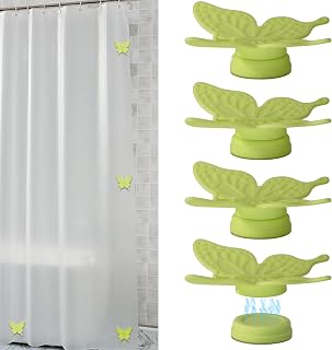 Magnetic Shower Curtain Clips for Liner, 4 Pairs Silicone Wrapped Adhesive Windproof Splash-Proof Butterfly Shower Curtain Holder for The Wall, Work for Drapery, Tablecloth (Green)