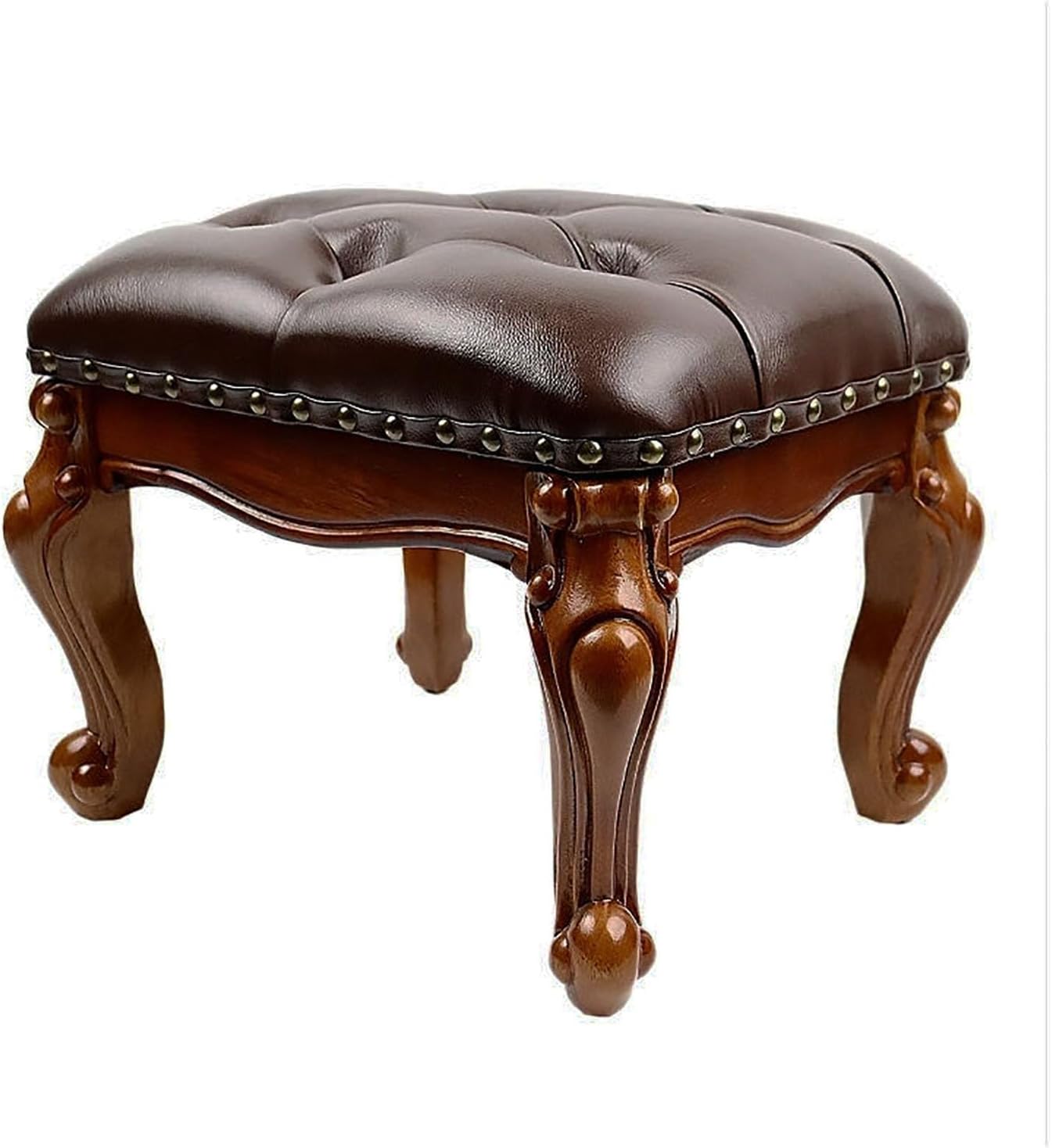 Leather Foot Stool,Vintage Footstools,Wooden Footrest,Upholstered Foot Rest for Living Room,Sofa,Entryway,Solid Wood Stool (Cherry)
