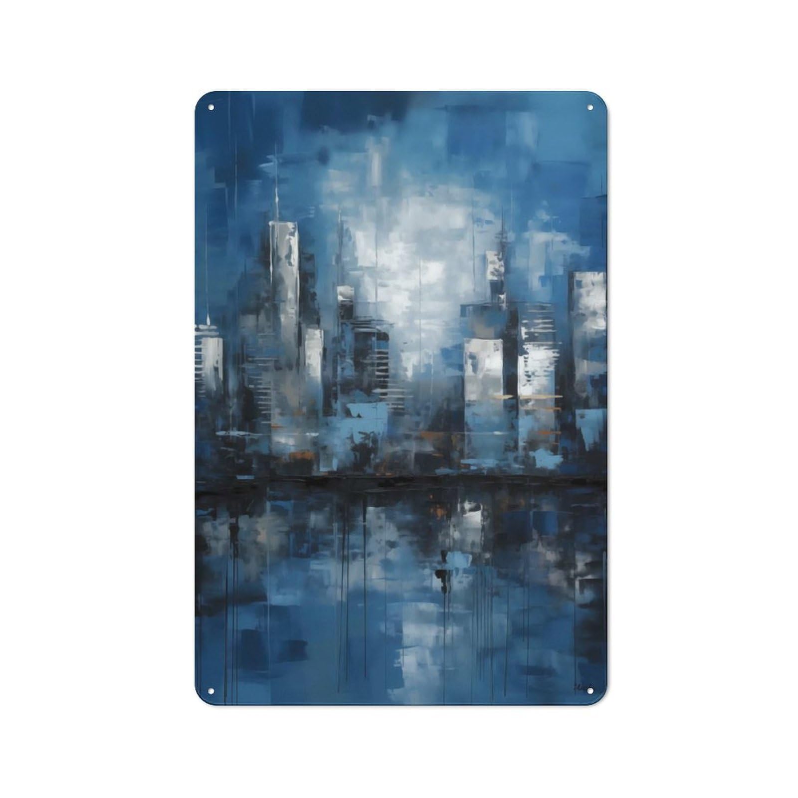 Junmoney Blue Urban Skyline – Abstract Cityscape Refle Shed Metal Sign With Ction Painting Design 30X20cm, Outdoor Room Utility Space Decor For Greenhouse, Garden Room, Cafe Or Entryway