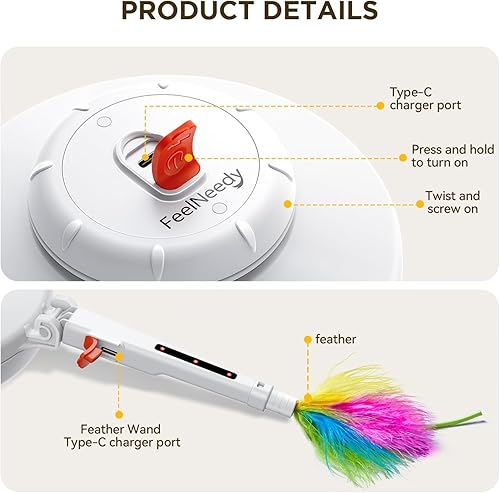 Miniatura 8 de FEELNEEDY Juguetes recargables para gatos, juego interactivo 2 en 1 para esconderse, juguete interactivo para gatos, punto rojo LED móvil, plumas