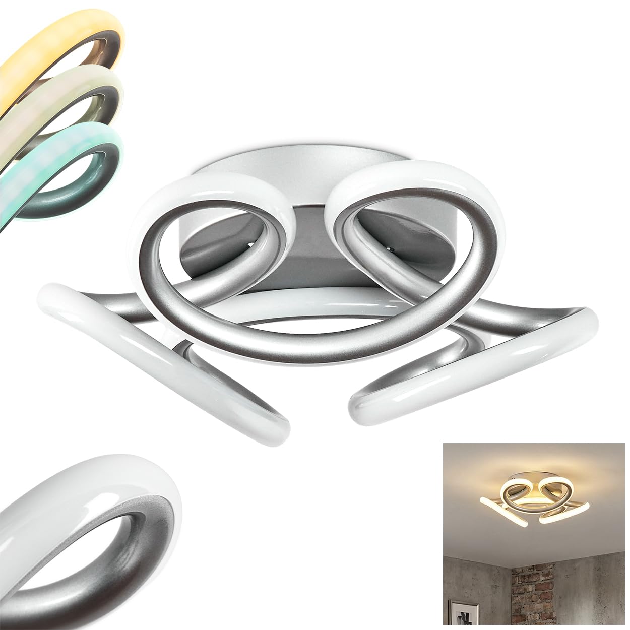 HOFSTEIN Lampa sufitowa LED Jaren, lampa sufitowa z metalu/tworzywa sztucznego w kolorze srebrnym/białym, regulacja CCT za pomocą przełącznika ściennego, 2700-4000-6000 K, funkcja pamięci, 24 W, do