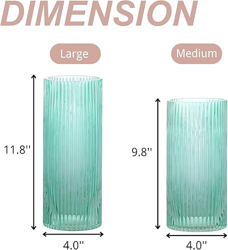 Miniatura 6 de YANWE1 Jarrón de cristal verde, florero de cristal, florero de vidrio acanalado, jarrón verde, jarrones de vidrio cilíndricos altos para centros de
