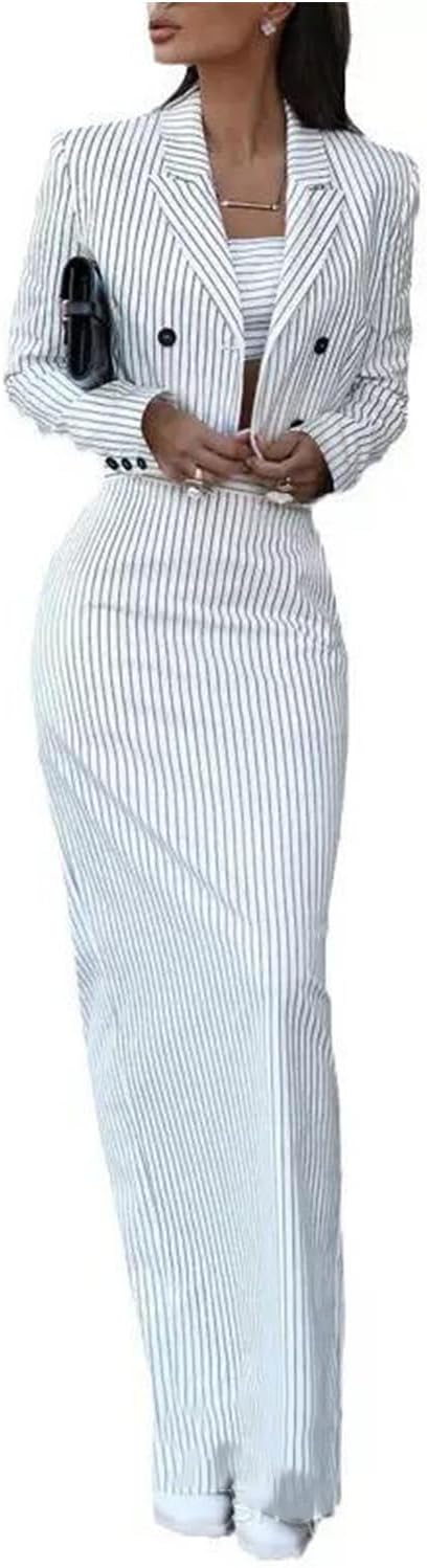 Women's Stripe Suit Double Breasted Cropped Jacket Skirt Two Pieces Tuxedo Set Casual Dinner