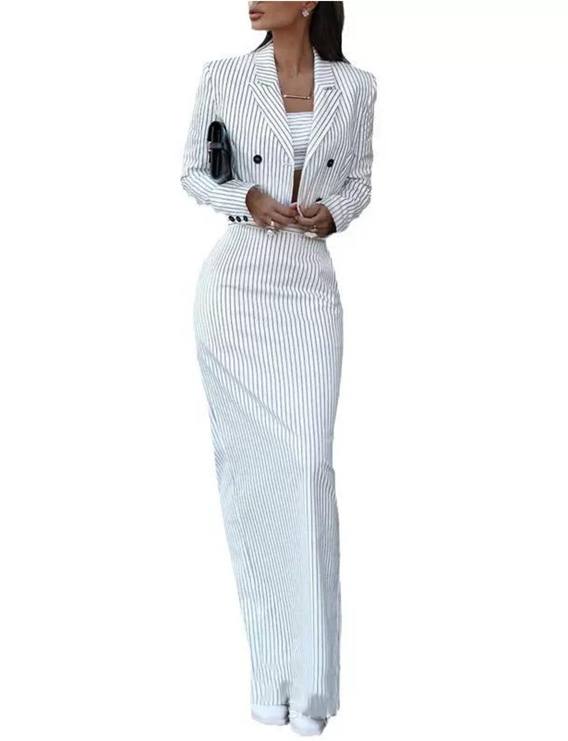 Womens Stripe Suit Double Breasted Cropped Jacket Skirt Two Pieces Tuxedo Set Casual Dinner