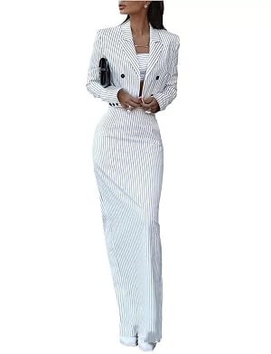 Womens Stripe Suit Double Breasted Cropped Jacket Skirt Two Pieces Tuxedo Set Casual Dinner
