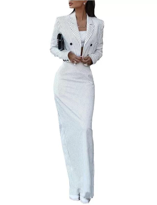 Womens Stripe Suit Double Breasted Cropped Jacket Skirt Two Pieces Tuxedo Set Casual Dinner