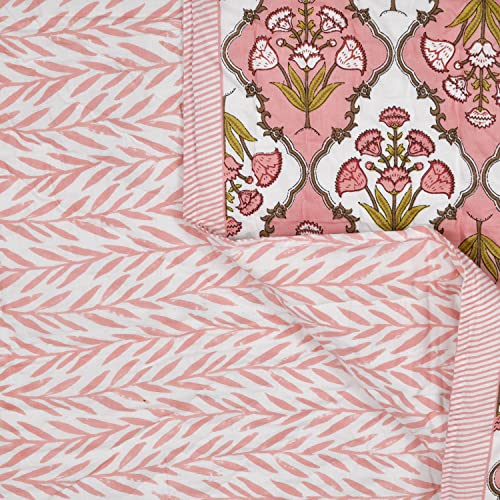 Image of BLOCKS OF INDIA Cotton Single Size Quilt Hand Block Print for Light Winters (60X90 Inches, Peach Flower), Lightweight, 300 TC