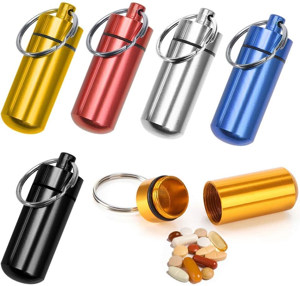ASEOK 6pcs Outdoor Aluminum Waterproof Pill Holder Box, Waterproof Keychain Pill Box Keyring Aluminum Alloy Pill Container Colorful mini aluminium pill capsule seal pills holder Portable