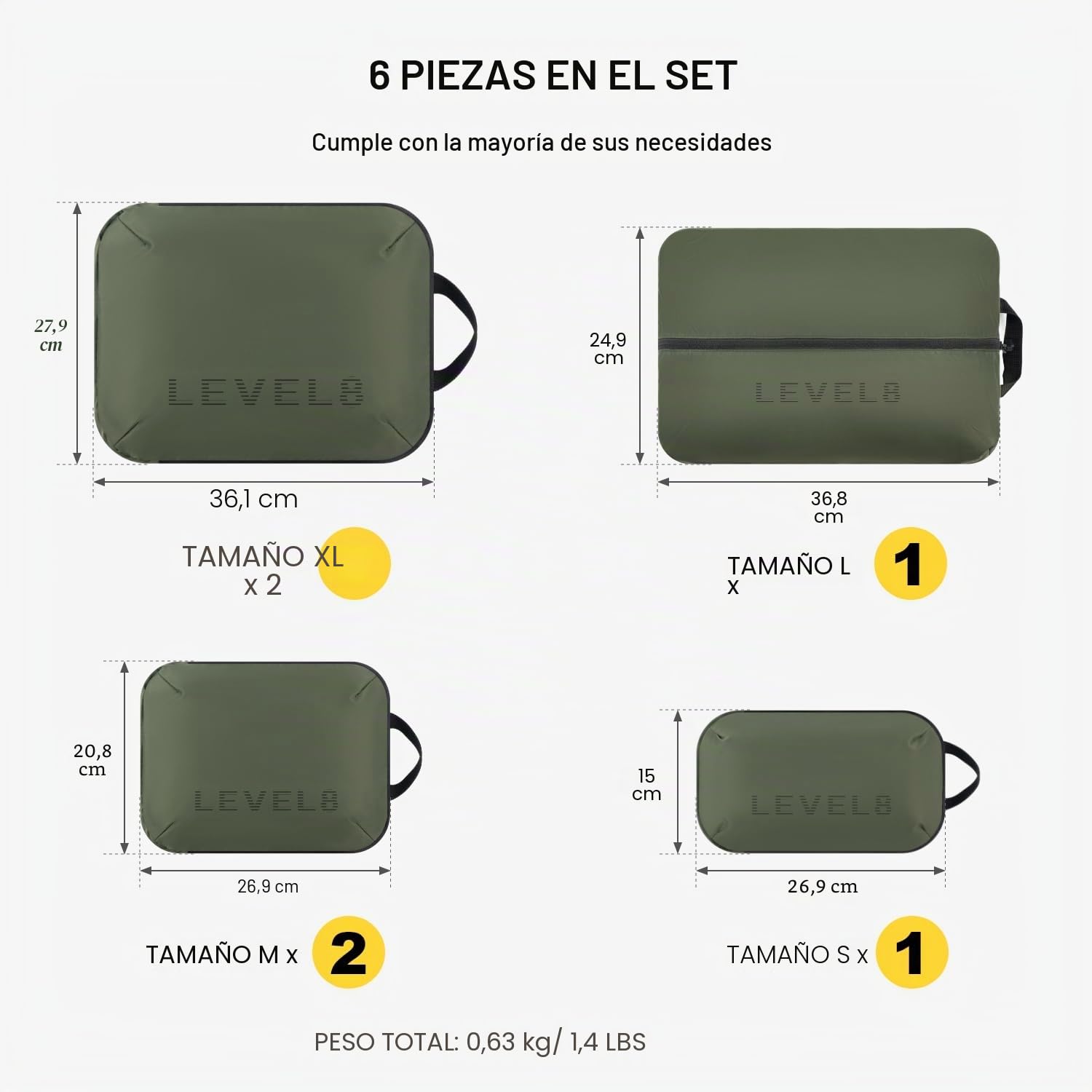 LEVEL8 6 Packing Cubes Extensibles Compresión Viaje Organizador Ropa Verde
