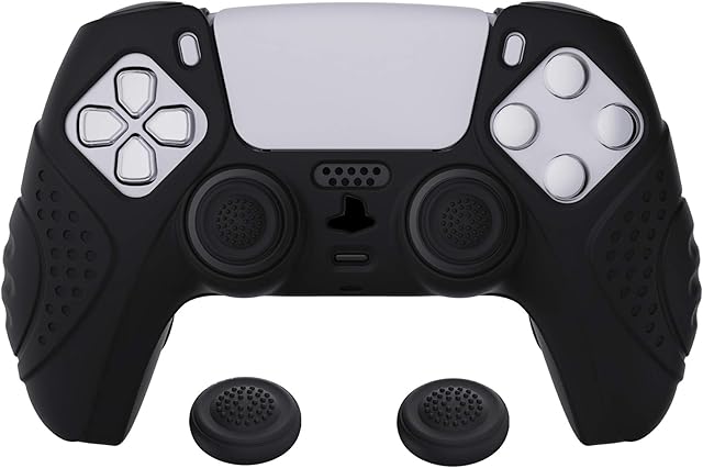 eXtremeRate PlayVital Guardian Edition Black Ergonomic Soft Anti-slip Controller Silicone Case Cover for ps5, Rubber Protector Skins with Black Joystick Caps for ps5 Controller