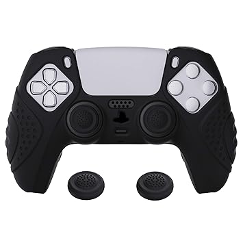eXtremeRate PlayVital Guardian Edition Black Ergonomic Soft Anti-Slip Controller Silicone Case Cover, Rubber Protector Skins with Black Joystick Caps for PS5 Controller