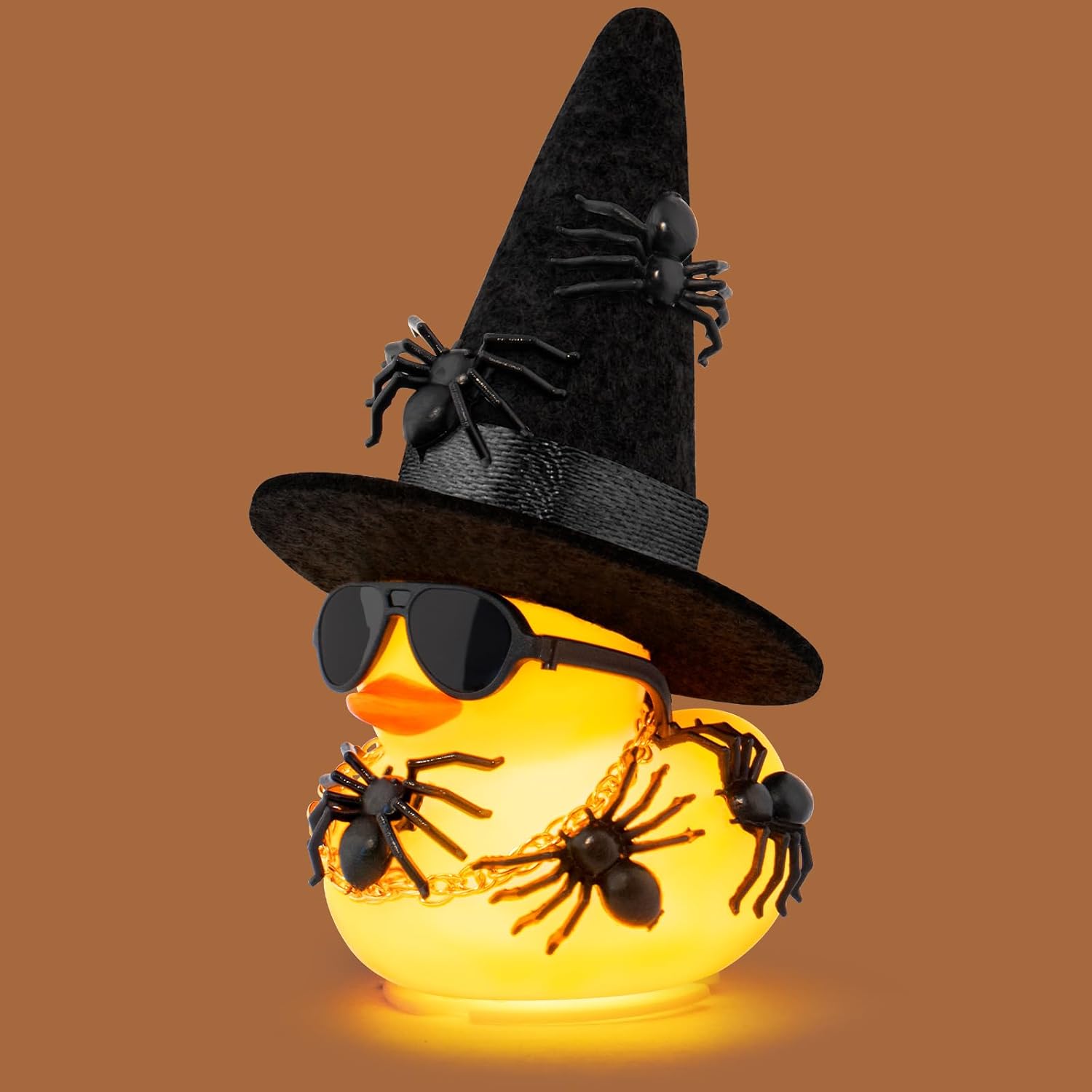 wonuu Spider Rubber Duck with Light for Halloween Decoration Car Ornament Home Decor Mini Ducky with Sunglasses Necklace, Assemble Needed, Black Hat Purple Ribbon