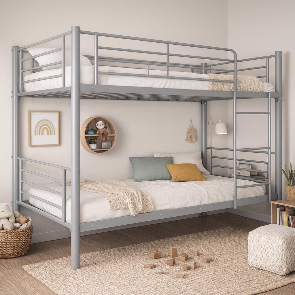 Acomoda Textil – Litera Metálica Doble 200x97x161 cm. Cama Infantil y Juvenil con Escalera Lateral y Barandilla Seguridad Resistente y Compacta para Dormitorio (Litera)