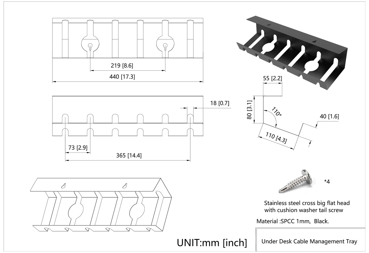 QiaoYoubang 2 Pcs of Cable Management Under Desk for Easy Mounting Metal Under Desk Cable Organizer for Office, Home Cable Tray Holder (UnderDeskCM)