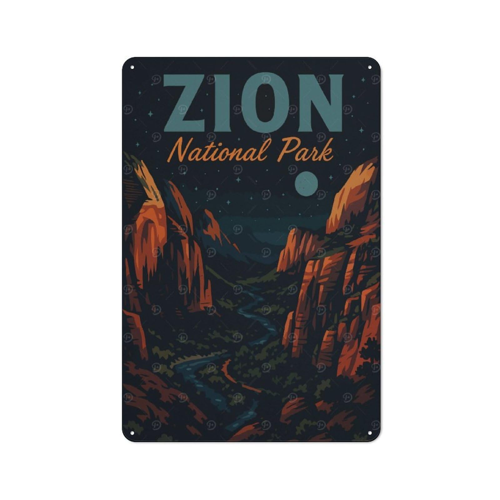 Junmoney Style-11 Zion National Park Landscape Illustration Decorative Tin Sign 30X20cm, Country Country Wall Plaque For Dining Room, Cafe, Entryway Or Family Room