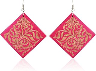 Pendientes de madera con rombos de 7 cm, flores tribales, pendientes de madera, multicolor, acero inoxidable, orgánicos, color rosa