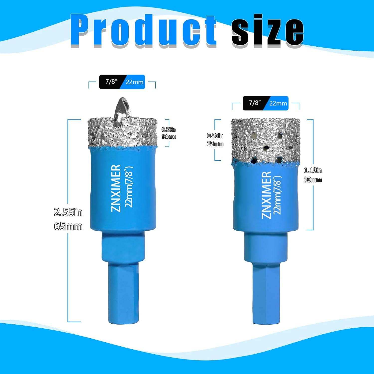 Diamond Tile Hole Saw Kit - ZNXIMER Vacuum Brazed Core Drill Bits for Porcelain Tile, Granite, Marble, Stone (2, 7/8"(22mm))