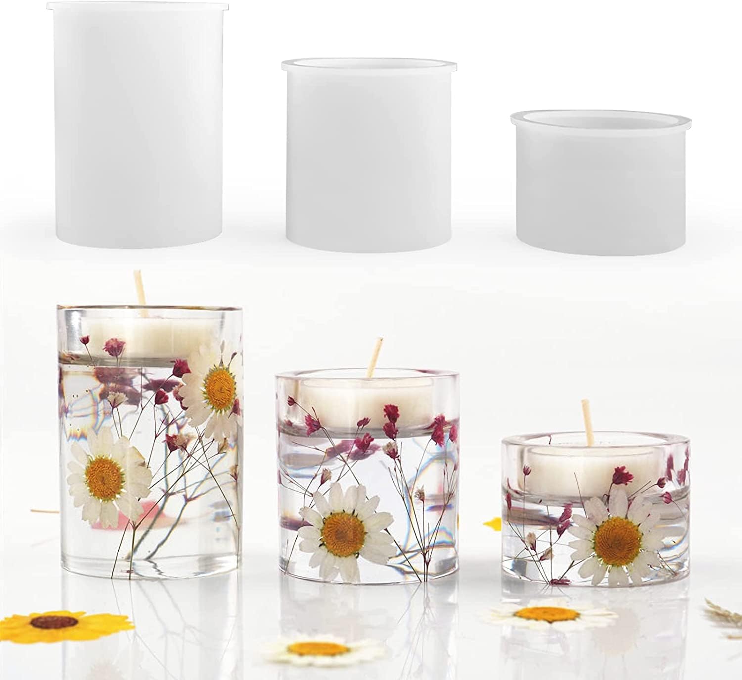 3Pcs Tealight Candle Holder Mold for Resin, 3 Size Pillar Tea Light Cylinder Resin Molds Silicone, Candlestick Epoxy Resin Molds for Resin Casting, Decor, Wedding, Party