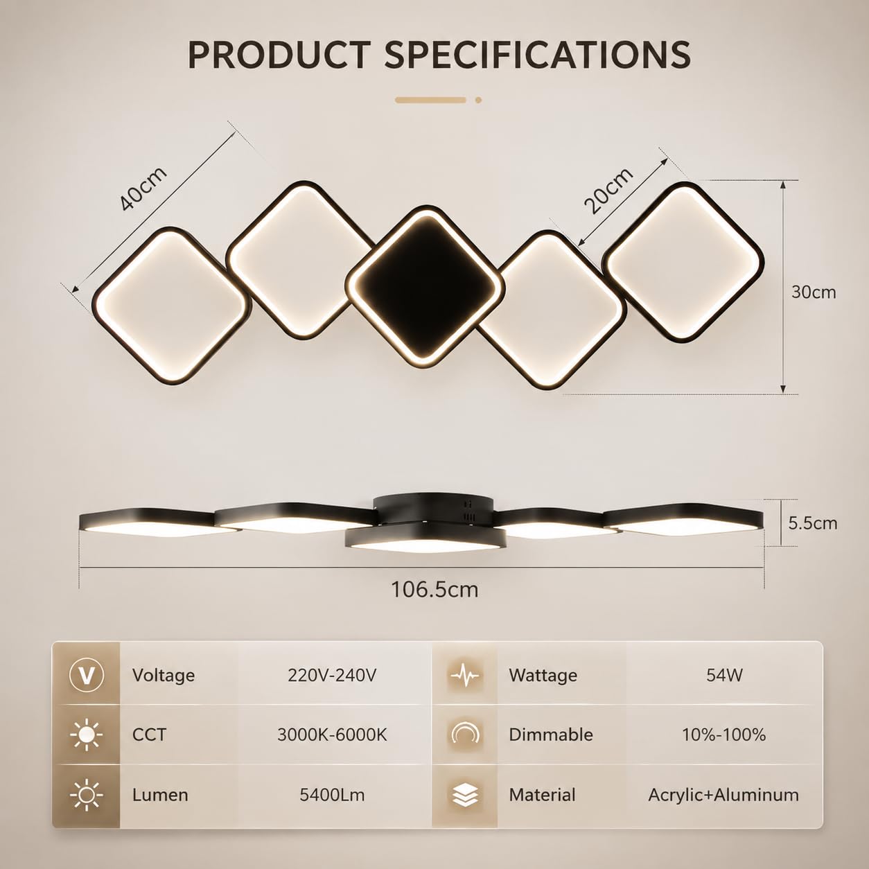 Plafoniera LED Dimmerabile 54W 5400LM con Telecomando/APP, Lampada da Soffitto Moderna 106x30cm con Funzione Memoria e Luce Notturna, Luce LED per Soggiorno, Camera da Letto, Cucina, Sala da Pranzo