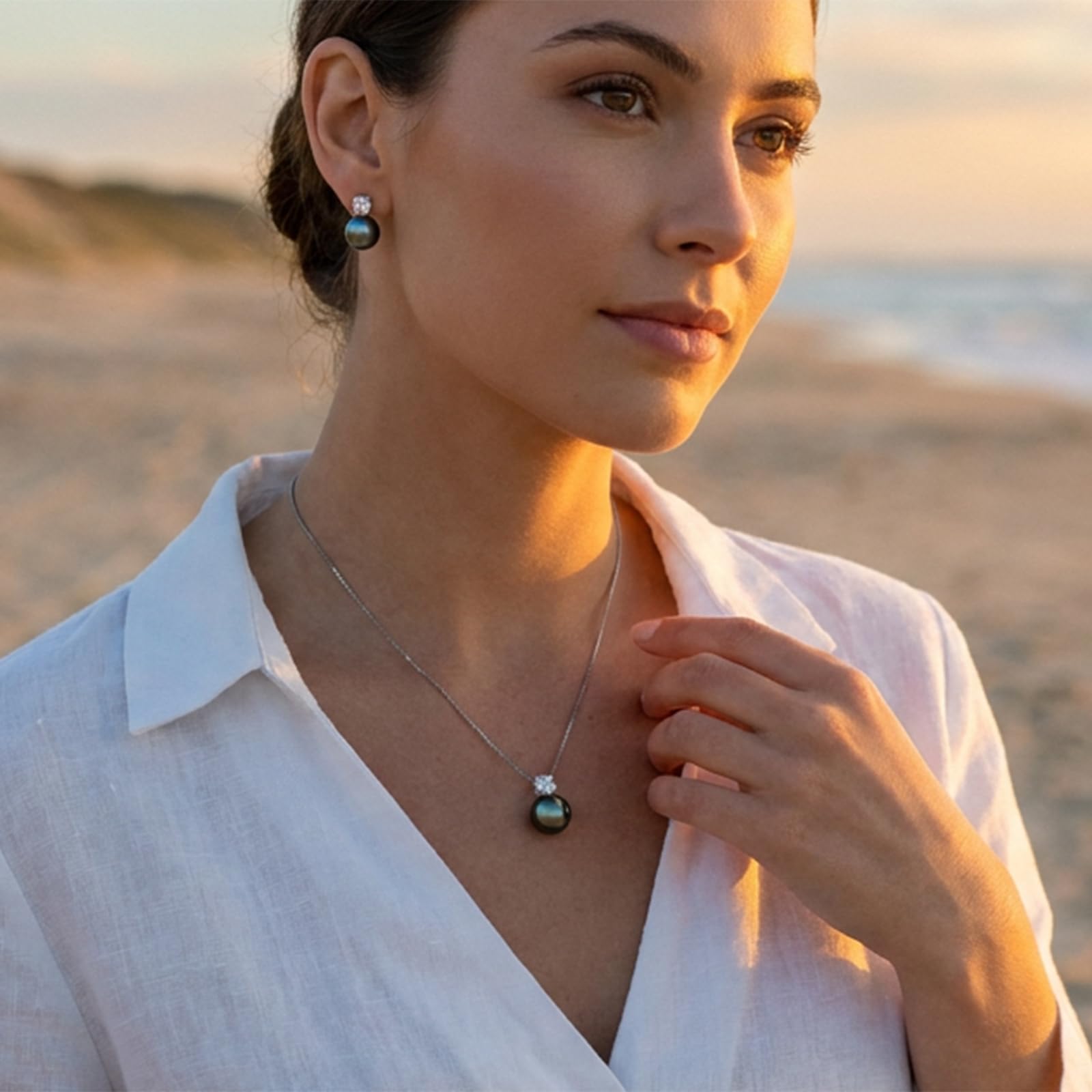 YAMI Perlenkette – Süßwasserperlenkette aus 925 Sterlingsilber, mit passenden Perlenohrringen, 5A-Zirkonia-Perlenanhänger, edles Schlüsselbein-Collier, luxuriöses Geschenk für Damen
