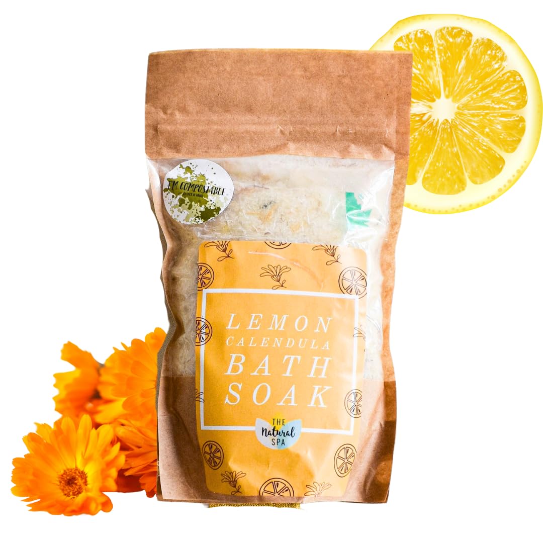 Lemon Calendula Bath Soak, Made with Essential Oils,Natural Avocado Oil and Epsom Salts, Compostable Pouch, 225g