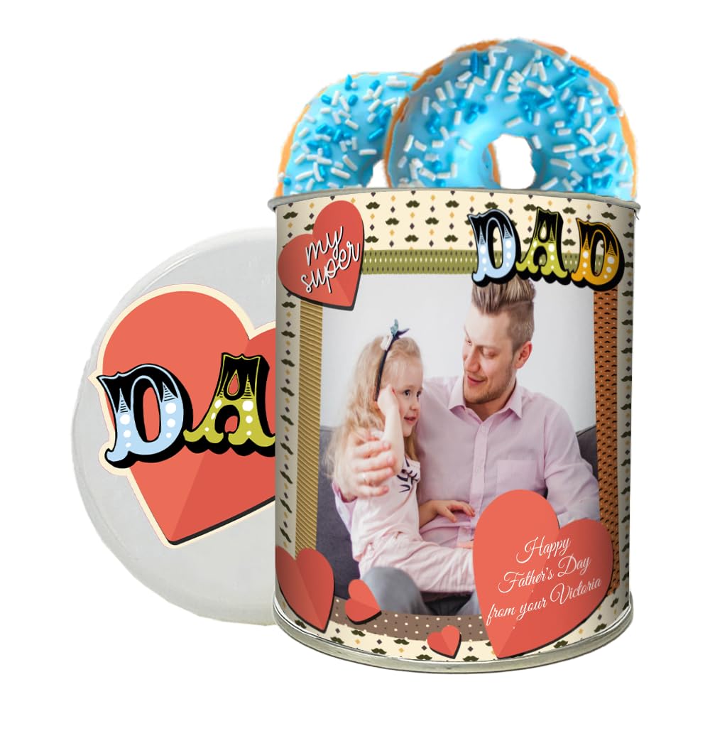 Confezione Regalo Festa del Papà, 2 Donuts alla Vaniglia da 35g con Scatola in Metallo Personalizzabile