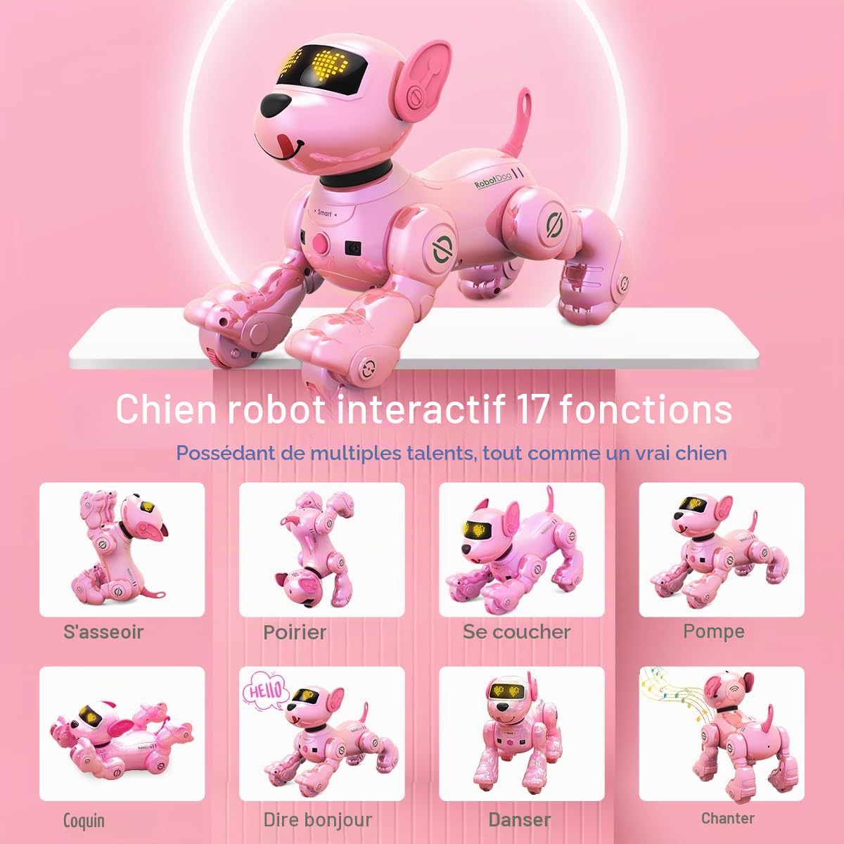 VATOS Chien Robot Rechargeable pour Enfants, Chien Robotisé Télécommandé, Programmable, 17 Fonctions Interactives et Volume Réglable, Jouet Robot Chiot Chantant et Dansant Cadeau pour Enfants, Rose