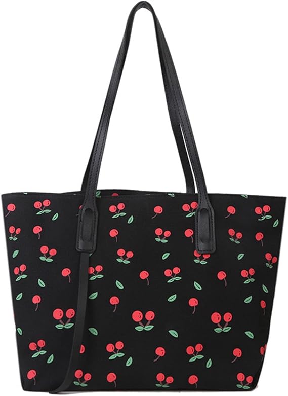 Amazon マザーズバッグ チェリー柄 可愛い キャンバスバッグ レディース トートバッグ 帆布 大容量 対応 耐磨耗性 丈夫 軽量 エコショッピングバッグ 普段 デート 女子会 お買い物 オールシーズン 柔らかい スタイリッシュ Gureitojp トートバッグ