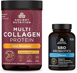 Ancient Nutrition Multi Collagen Protein Powder, Gut Restore, 20 Servings + SBO Ultimate Probiotics Capsules, 60 Count