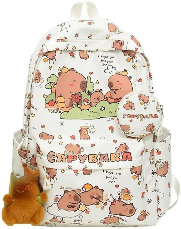 BlingKicks Capybara Fashionable Print Large Capacity Backpack with Pins, Accessories and Coin Purse for Adults Ita Bag (White)