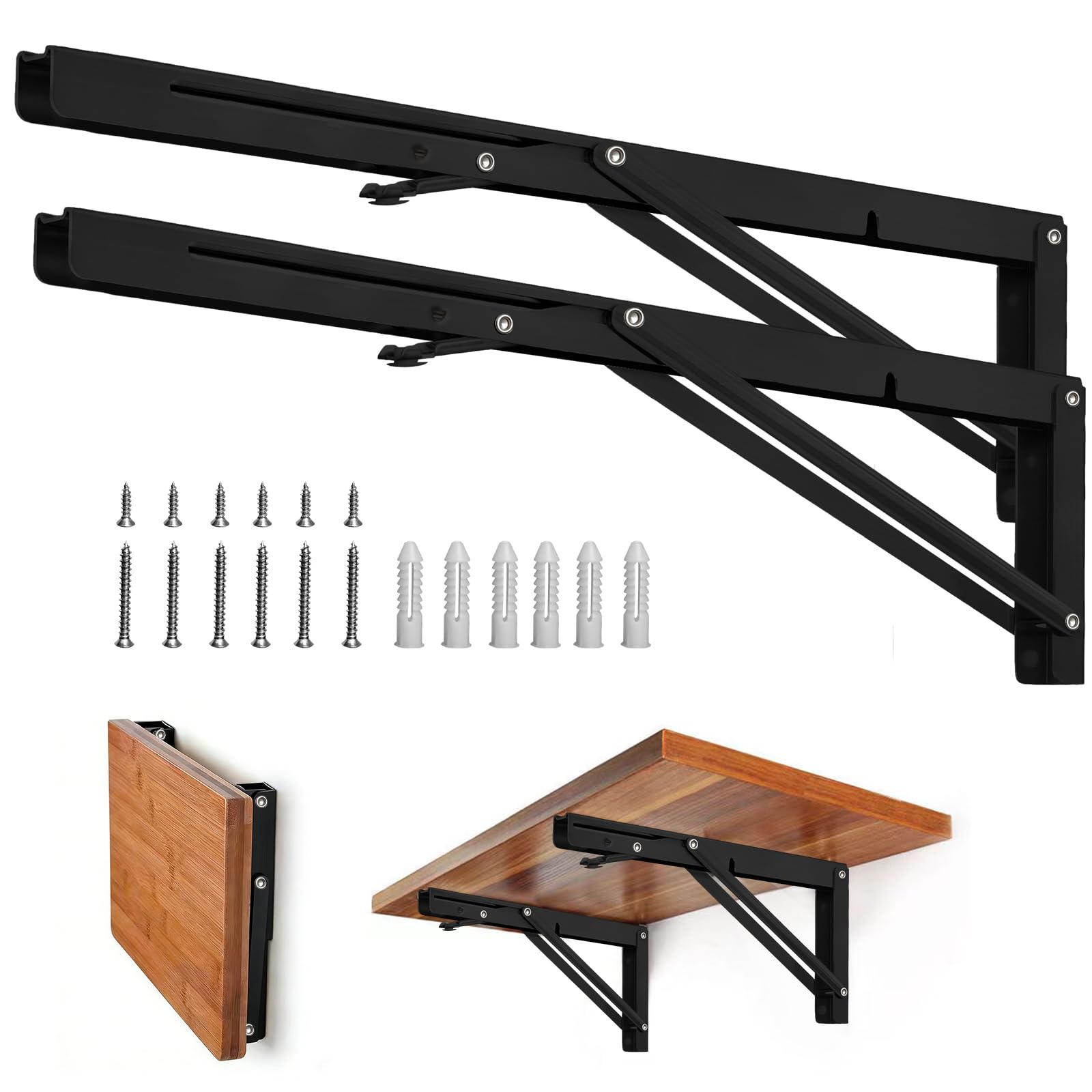 Folding Shelf Brackets - Heavy Duty Metal Collapsible Shelf Bracket for Bench Table, Shelf Hinge Wall Mounted Space Saving DIY Bracket, Max Load: 150 lb (24 Inch, Black)