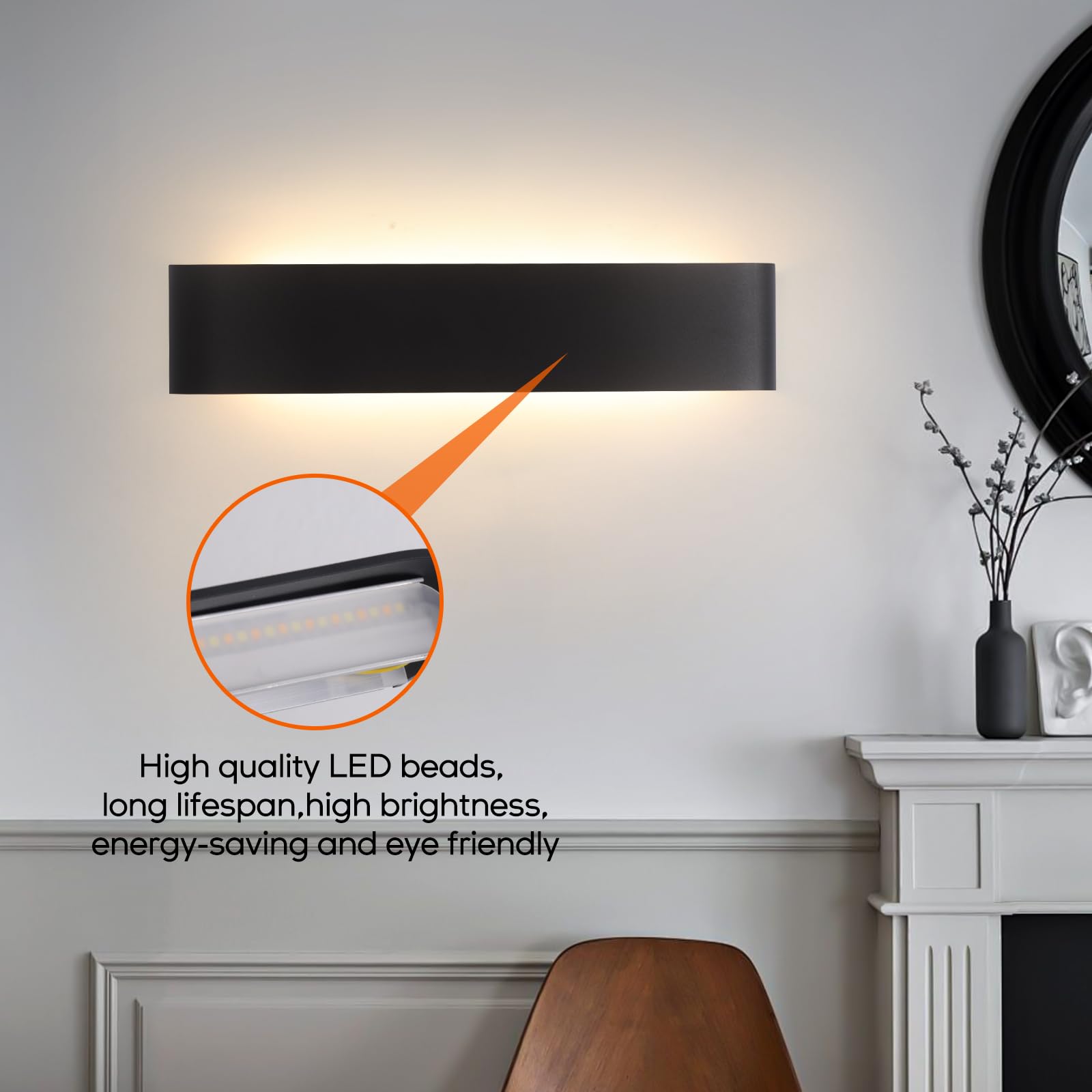 YCZM Applique da Parete Interno 24W,Lampada LED Parete Interni 3000K/4000K/6500K Temperature a tre colori opzionale,Applique LED da Parete Interno 38CM 2880LM,Lampada a Muro 2 Pezzi Nero