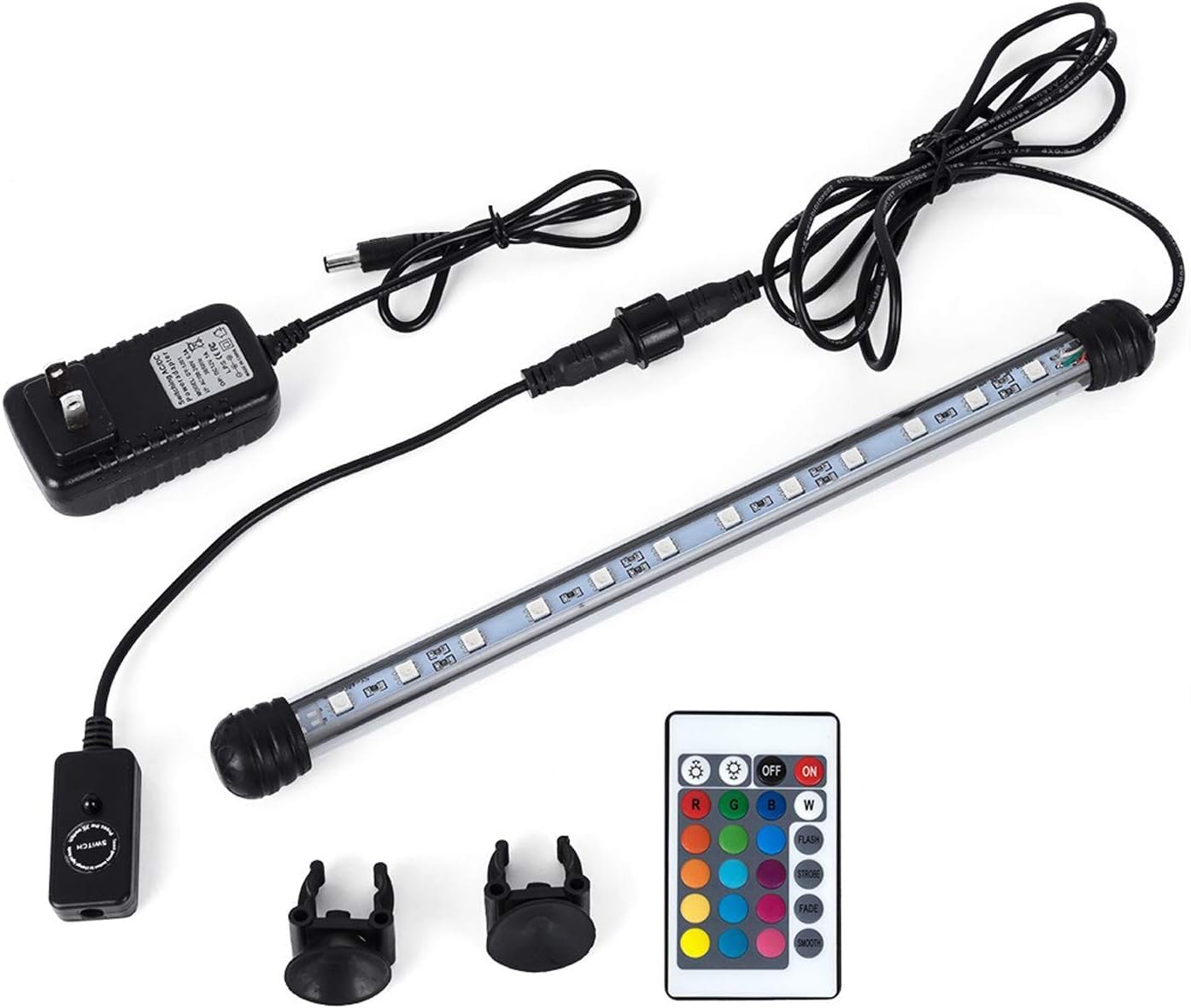 18cm Submersible LED Aquarium Light, 1.2W Color Changing Fish Tank Light with Remote Control, IP68 Crystal Glass 9 LEDs Lights Bar, for Fish Tank 25-38cm