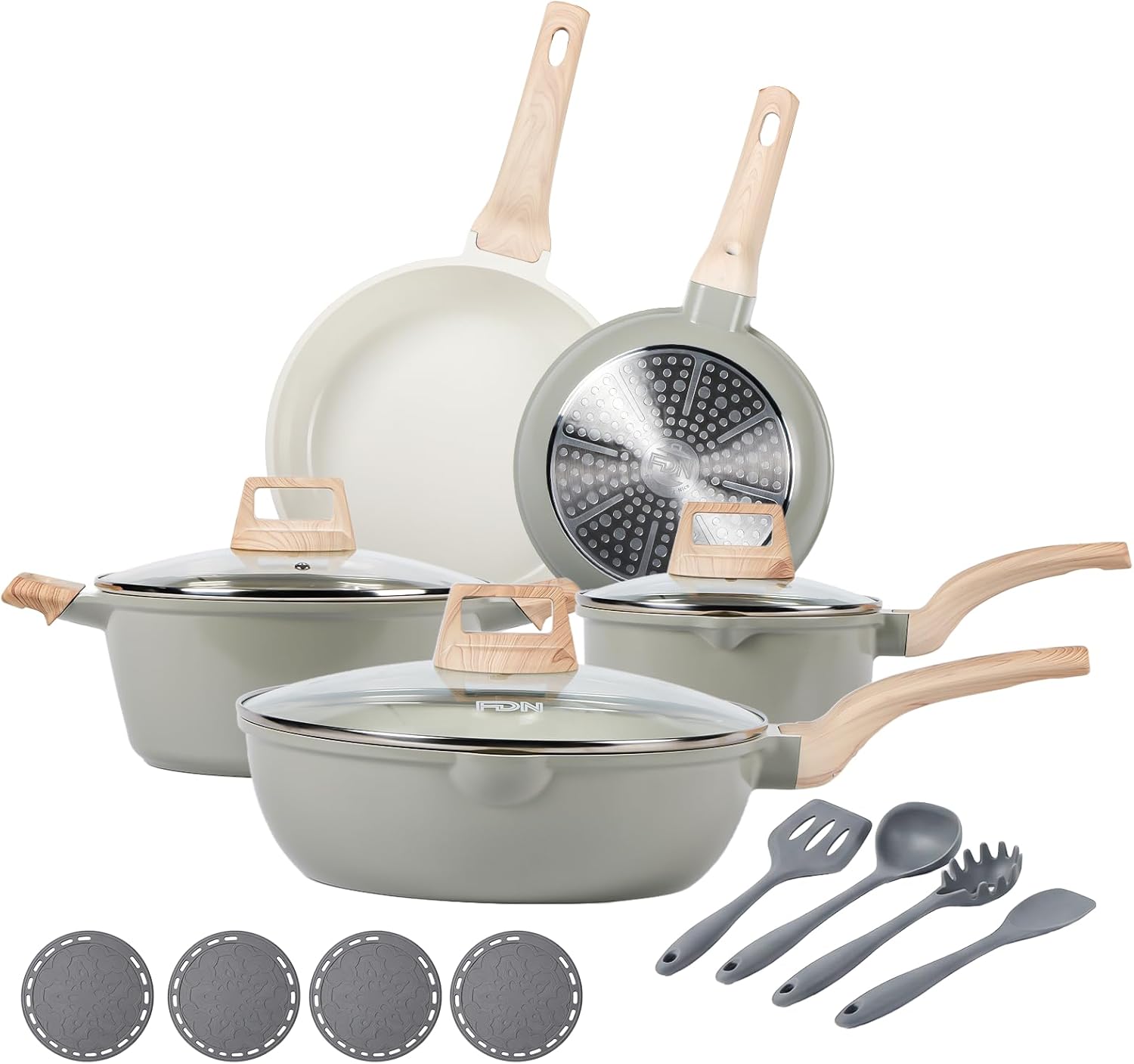 FDN 16Pcs Titanium Pots and Pans Set,Toxic-Free Cookware Set, Dishwasher & Oven Safe, Induction Compatible with Bakelite Wood Grain Handle, Compact and Durable