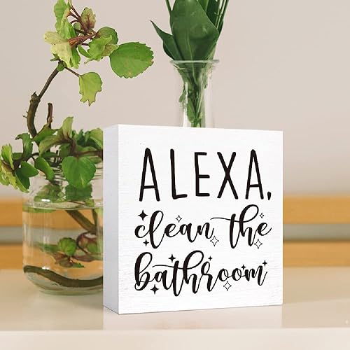 Miniatura 4 de Letrero de madera con texto en inglés "Alexa Clean the Bath", divertido letrero de baño para estantes, baño, baño, estantes, decoración, 5 pulgadas
