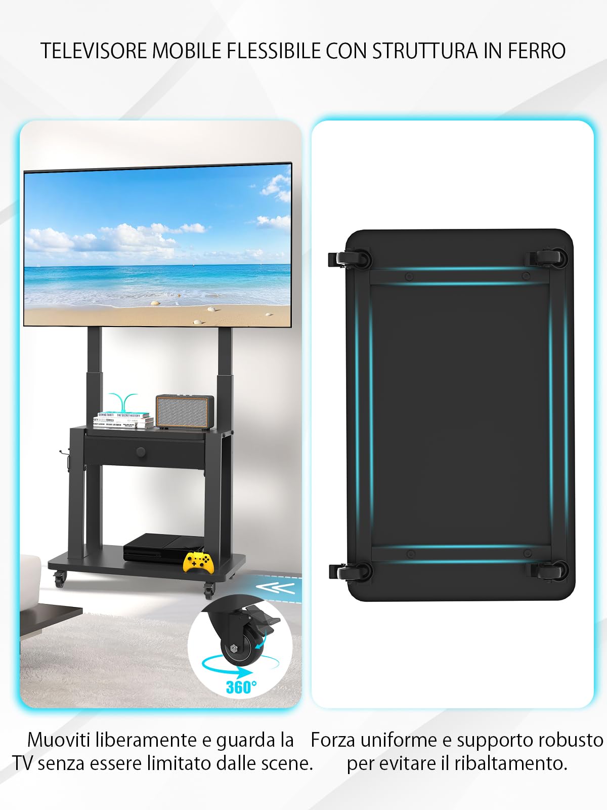 Supporto TV con cassetto in tessuto, per schermo piatto/curvo da 32"-75", fino a 200 libbre LCD/LED/OLED, carrello per TV mobile con ruote per casa ufficio all'aperto Max VESA 600 x 400 mm, nero