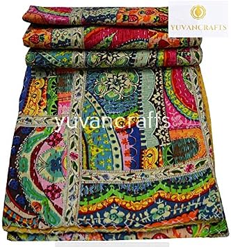 YUVANCRAFTS Patchwork Cotton Kantha Quilt - Indian Traditional Handmade Bedding Vintage Multi Color Quilt Blanket Twin 60"x90", Multi Patch 1