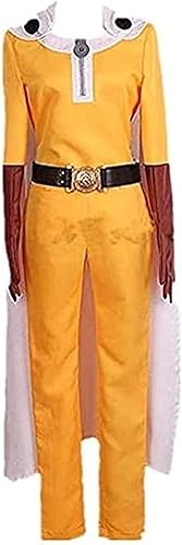 Saitama - Conjunto de cosplay de overol amarillo, conjunto de guantes con capa blanca, disfraz de anime para Halloween, cosplay, unisex (mujer S)