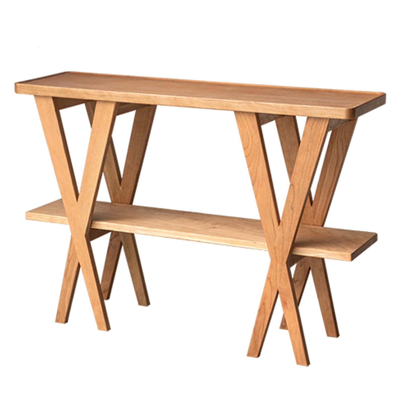 SXZenSpace 2-Tier Solid Wood Side Table, Narrow Entryway Table for Hallway, with Wooden Geometric Base, Behind The Couch