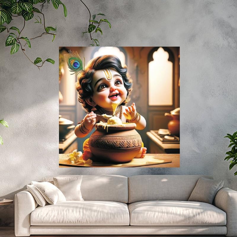 Image of British Terminal Cute little Bal Gopal Baby God Krishna| Kanha Ji | Laddu Lord Makhan Chor Painting Religious Poster for Pregnant Women for wall (matt thin vinyl,sticker,multicolor,unframed)| bj413