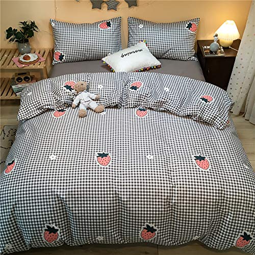 OTOB Strawberry Bedding Sets Queen Size Duvet Covers Cotton Reversible Kawaii Bedding 3PC Grid Girls Teen Bed Sets, Full/Queen