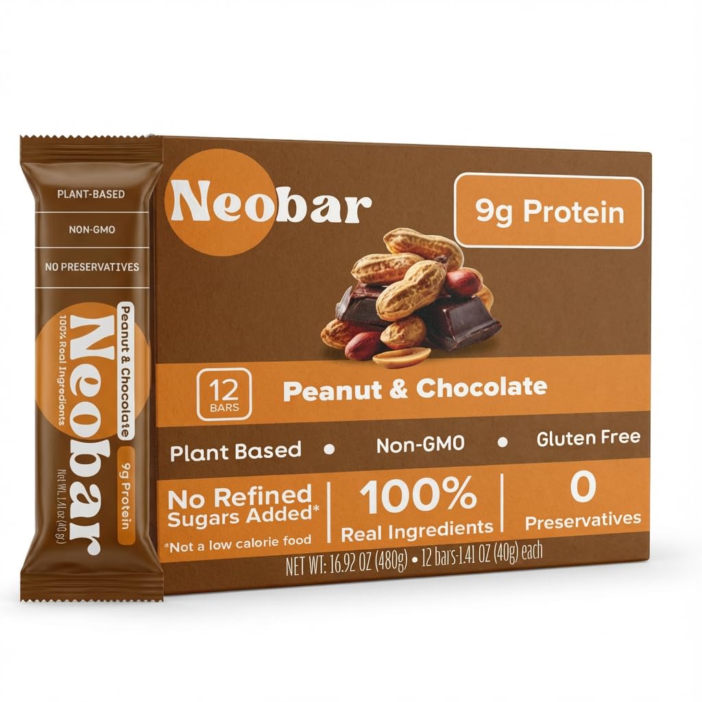 NEOBAR 9g Plant-Based Protein Peanut & Chocolate Bars - Vegan Snack Bars, Gluten Free Dairy Free Snacks, No Preservatives, No Refined Sugars Added, Non-GMO | 12 Count